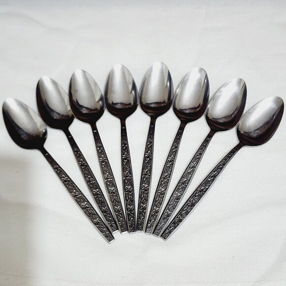 8 Stanley Roberts Rogers Stainless La Spana Soup Spoons 7" floral MCM flatware - Picture 1 of 13